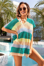 Angel Wings Openwork Striped V-Neck Short Sleeve Cover Up Turquoise One Size for a perfect OOTD – dress to impress outfits from Amexza