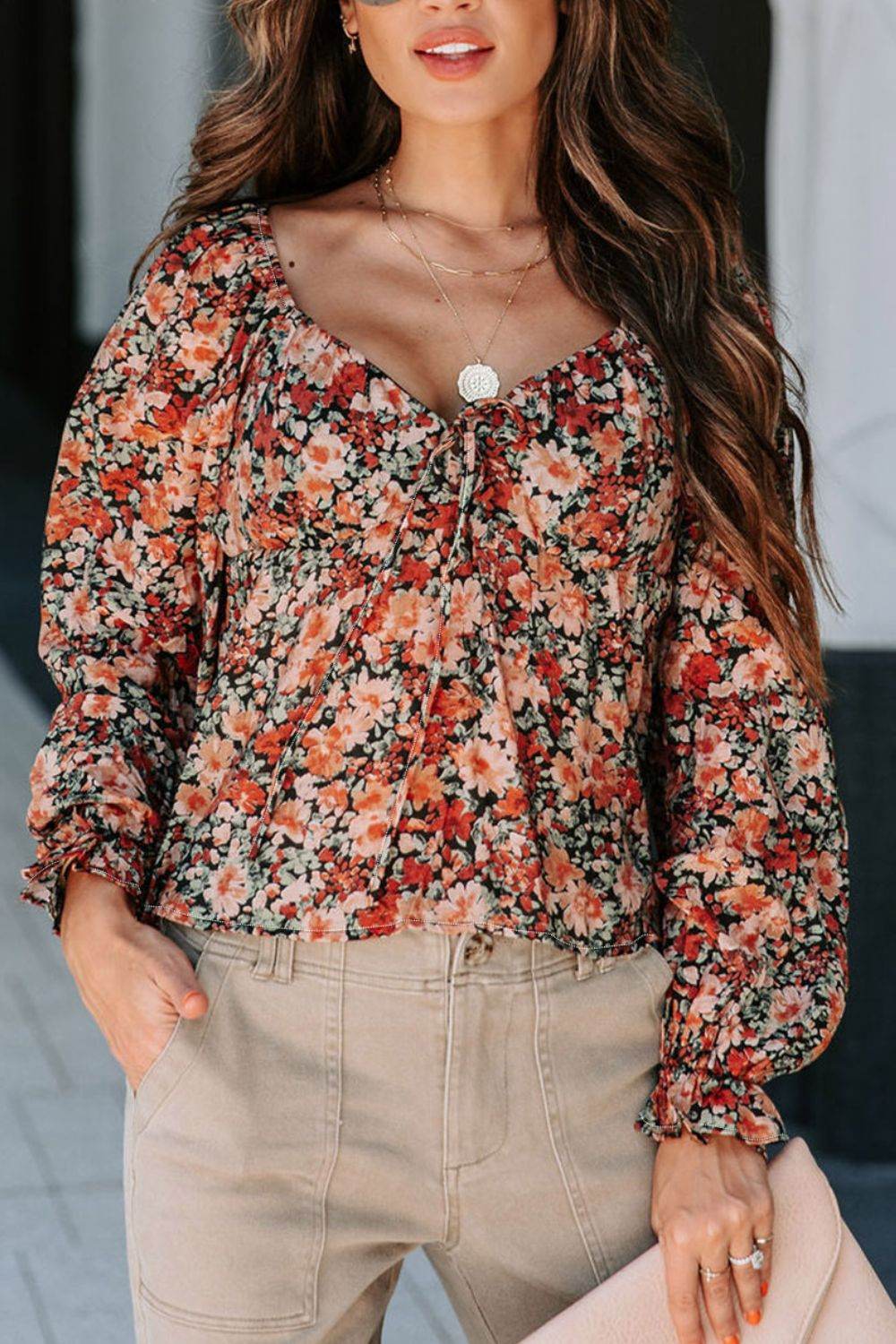 Peplum Tied Flora Long Sleeve Blouse - Amexza