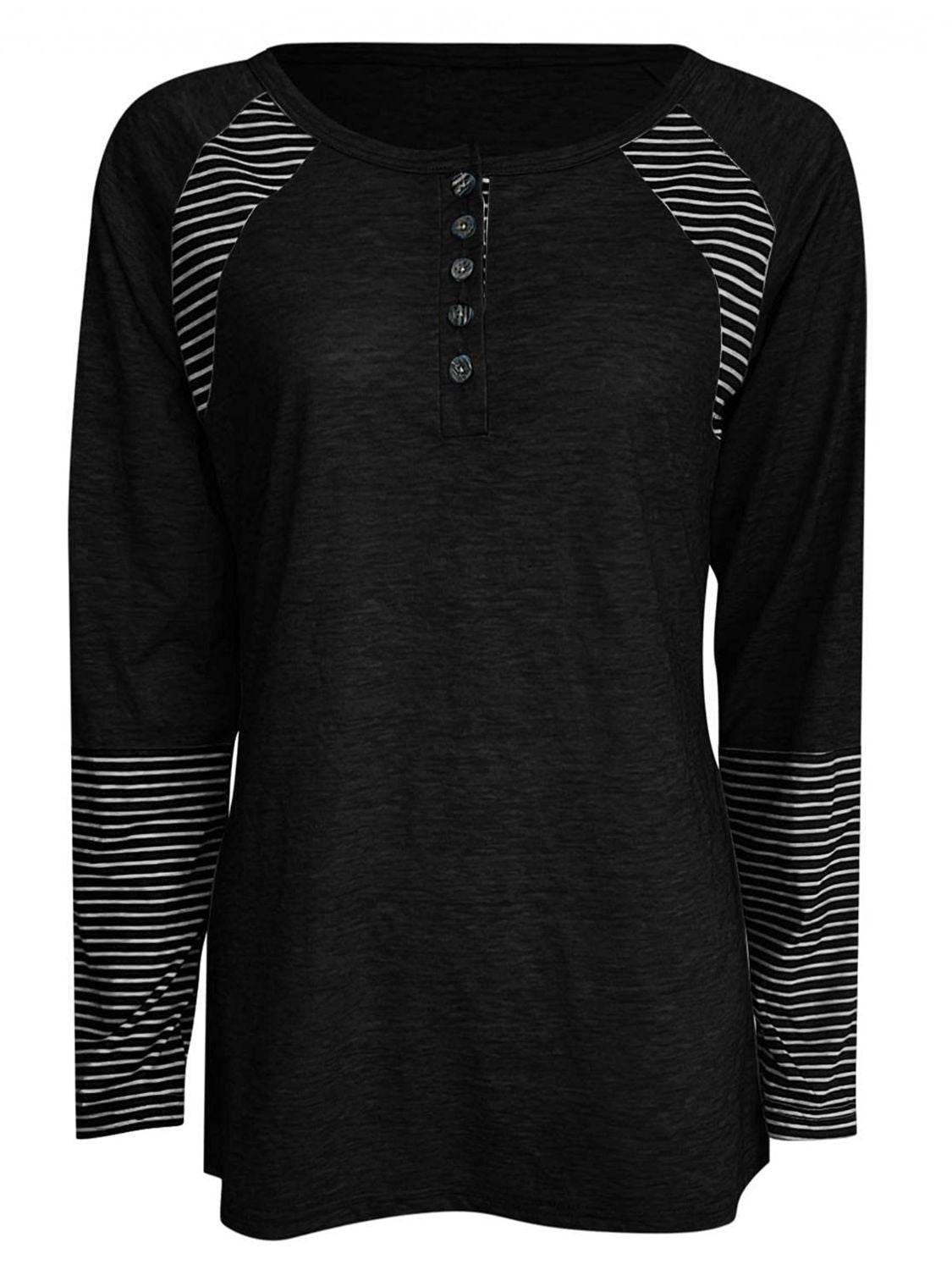 Full Size Striped Quarter Button Long Sleeve T-Shirt - Amexza