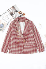 Houndstooth Collared Neck Double-Breasted Blazer - Amexza