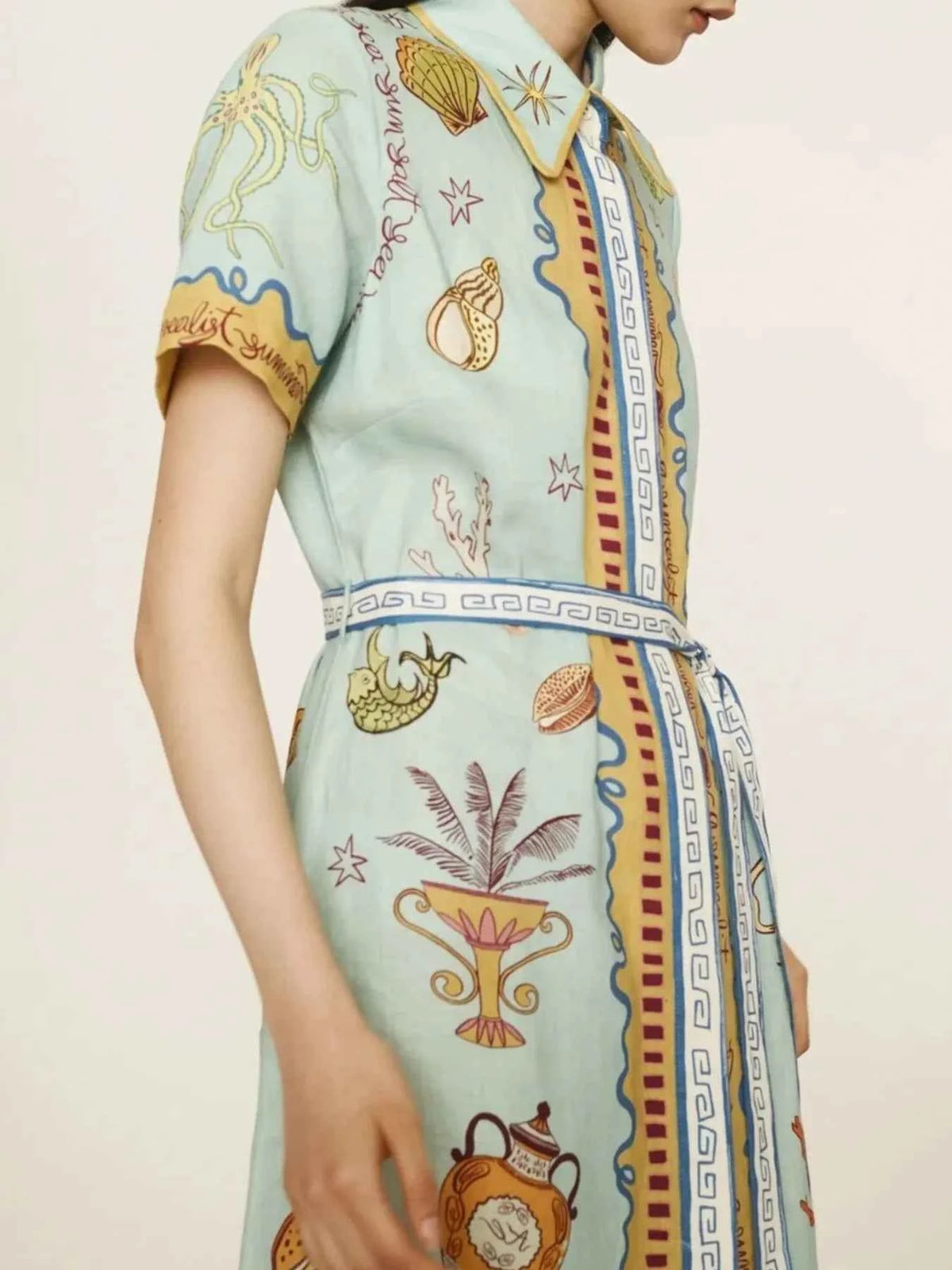 Printed Short Sleeve Maxi Shirt Dress with Belt