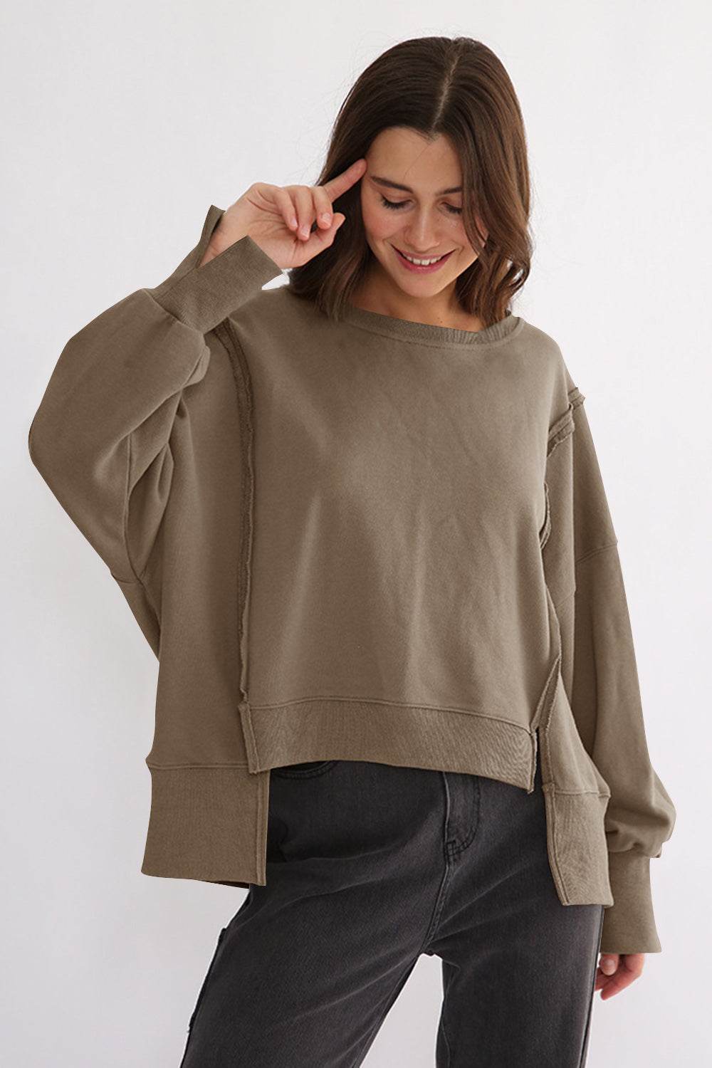 Exposed Seam High-Low Long Sleeve Sweatshirt for a perfect OOTD – dress to impress outfits from Amexza