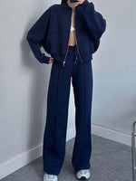 Baseball Collar Zip Up Top and Drawstring Paants Set Dark Blue for a perfect OOTD – dress to impress outfits from Amexza