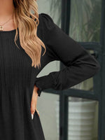 Smocked Round Neck Lantern Sleeve Blouse - Amexza