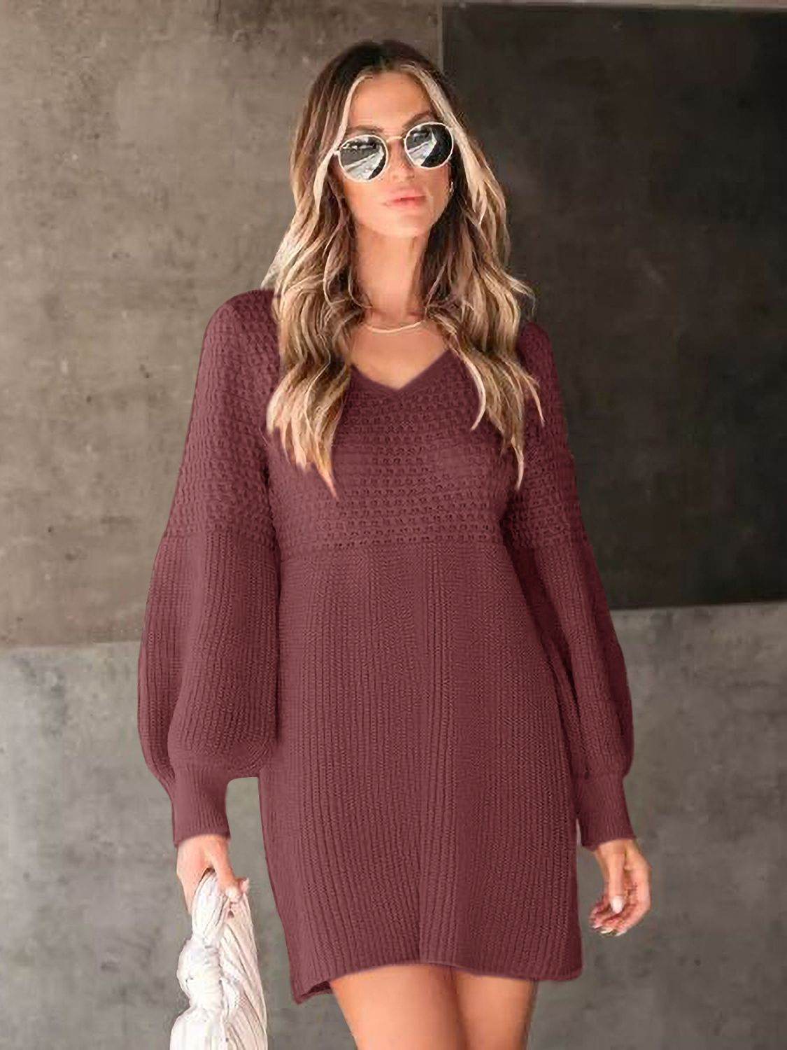 Perfee V-Neck Long Sleeve Sweater Dress Burgundy for a perfect OOTD – dress to impress outfits from Amexza