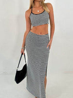 Perfee Striped Halter Neck Top and Slit Skirt Set Black for a perfect OOTD – dress to impress outfits from Amexza