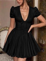 V-Neck Short Sleeve Mini Dress Black for a perfect OOTD – dress to impress outfits from Amexza