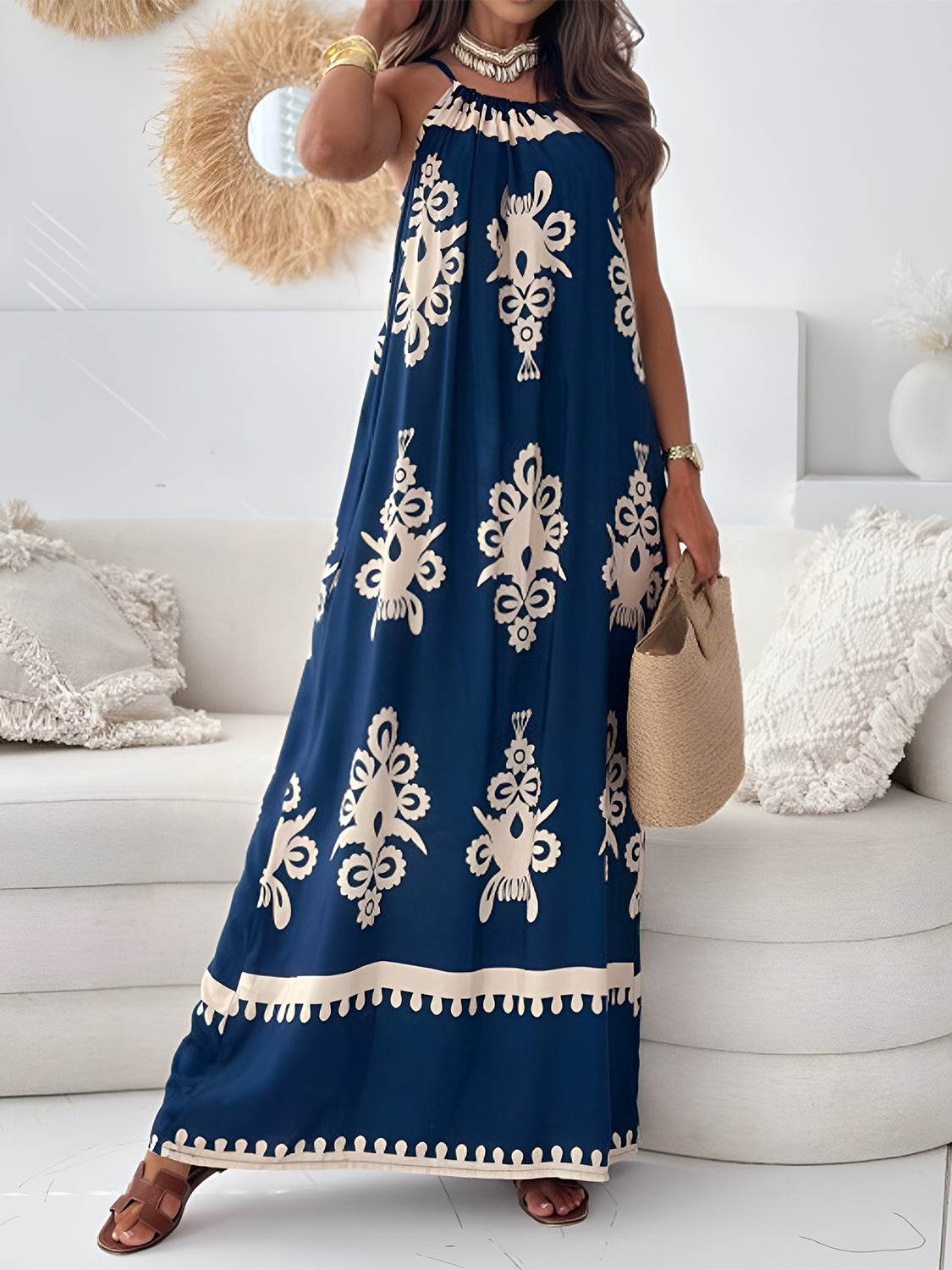 Printed Spaghetti Strap Sleeveless Maxi Dress - Amexza