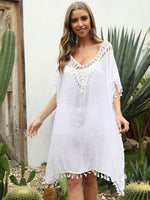 Tassel Cutout Half Sleeve Cover-Up White One Size for a perfect OOTD – dress to impress outfits from Amexza