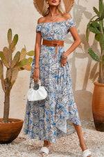 Printed Off-Shouder Short Sleeve Dress - Amexza