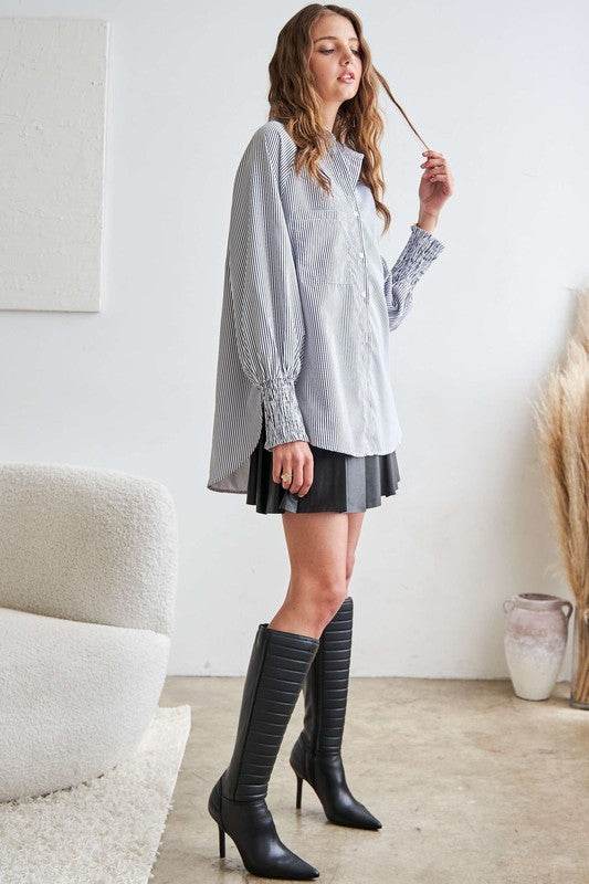 ADORA High-Low Striped Button Down Smocked Lantern Sleeve Shirt - Amexza