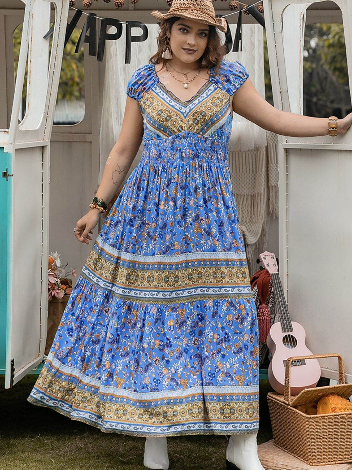 Plus Size Smocked Printed Cap Sleeve Dress - Amexza