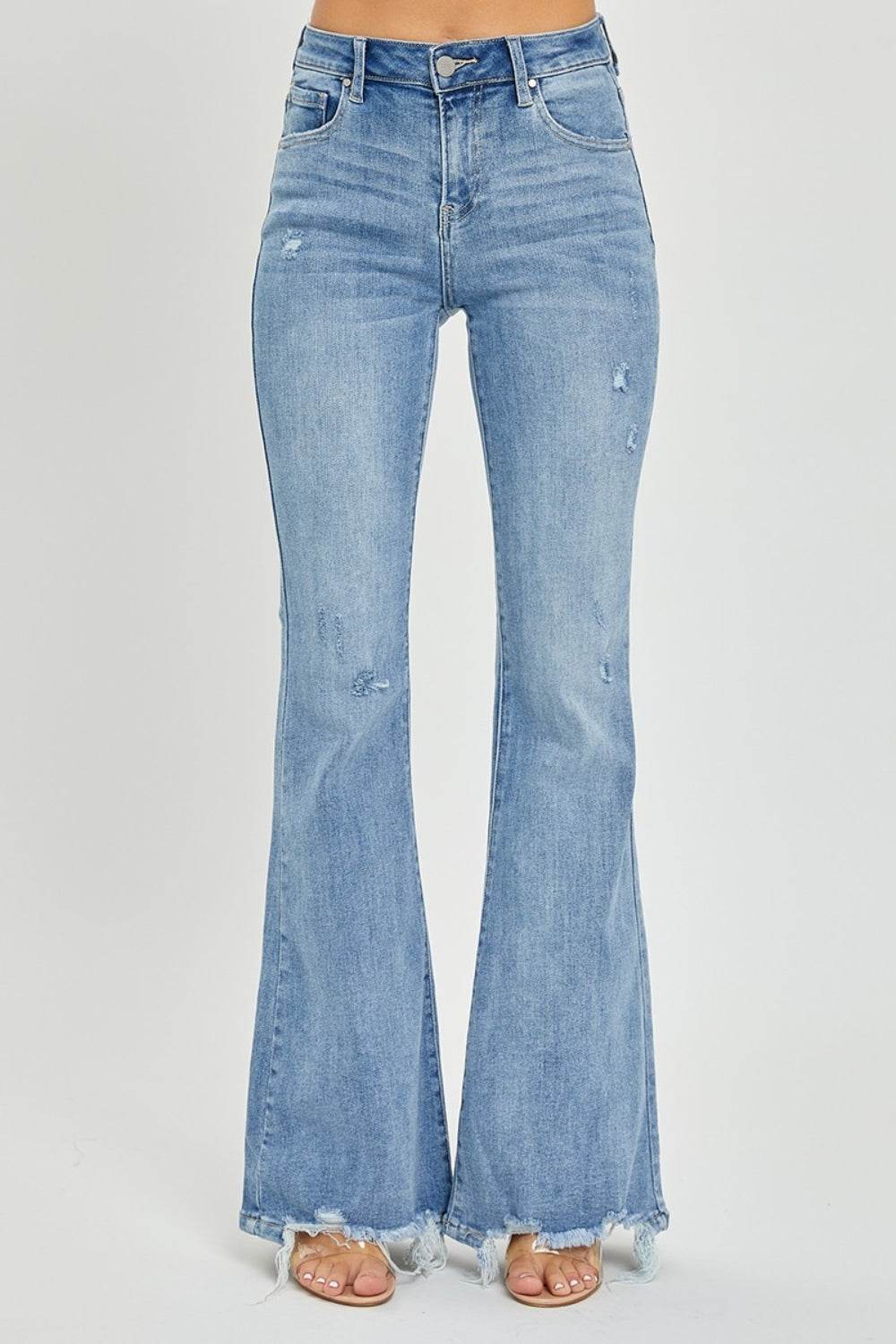 Risen Full Size High Rise Frayed Hem Flare Jeans - Amexza