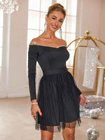 Pearl Trim Mesh Hem Off Shoulder Dress for a perfect OOTD – dress to impress outfits from Amexza