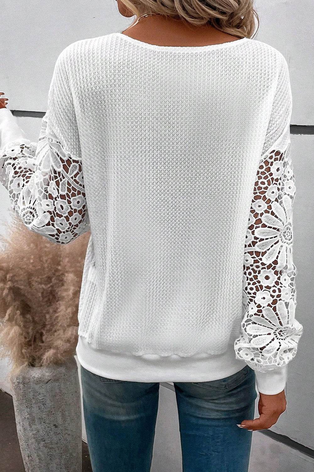 Plus Size Waffle-Knit Crochet V-Neck Blouse - Amexza