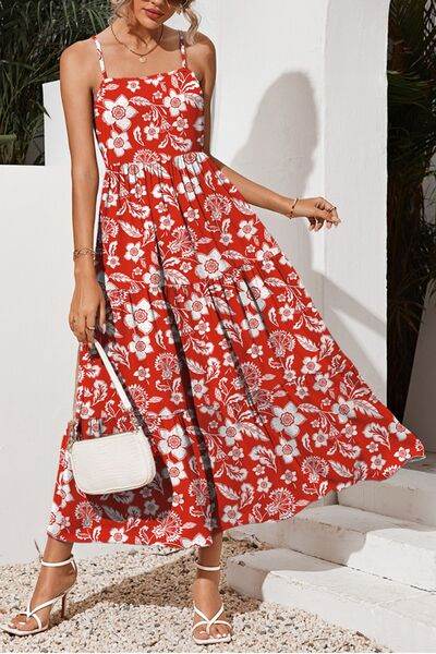 FAM-FAM Tiered Printed Square Neck Cami Dress Deep Red for a perfect OOTD – dress to impress outfits from Amexza