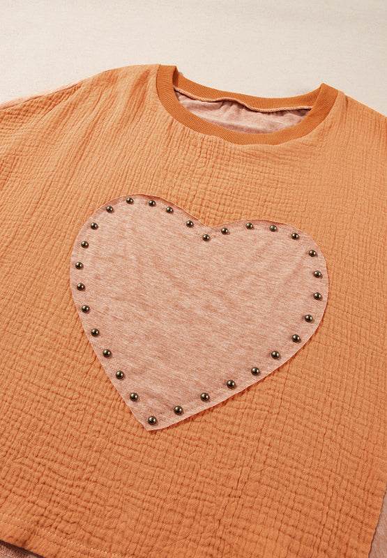 Stud Heart Patch Round Neck Short Sleeve T-Shirt - Amexza