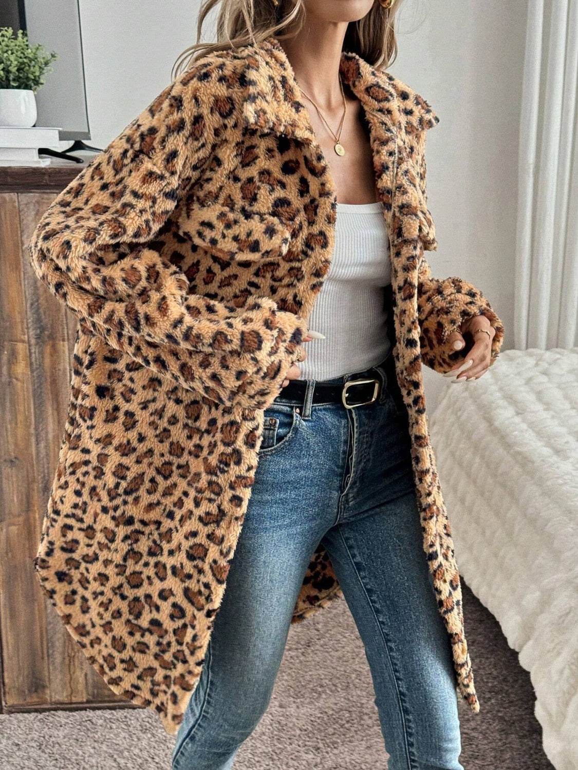 Leopard Button Up Long Sleeve Fuzzy Coat - Amexza