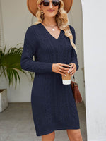 Cable-Knit V-Neck Mini Sweater Dress Navy for a perfect OOTD – dress to impress outfits from Amexza