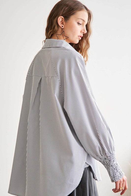 ADORA High-Low Striped Button Down Smocked Lantern Sleeve Shirt - Amexza