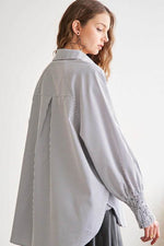 ADORA High-Low Striped Button Down Smocked Lantern Sleeve Shirt - Amexza