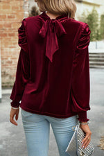 Tie Up Mock Neck Velvet Fabric Long Sleeve Blouse for a perfect OOTD – dress to impress outfits from Amexza