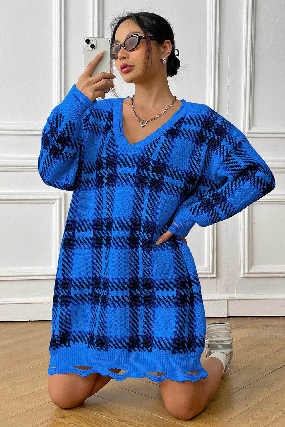 Plaid V-Neck Long Sleeve Sweater Dress for a perfect OOTD – dress to impress outfits from Amexza