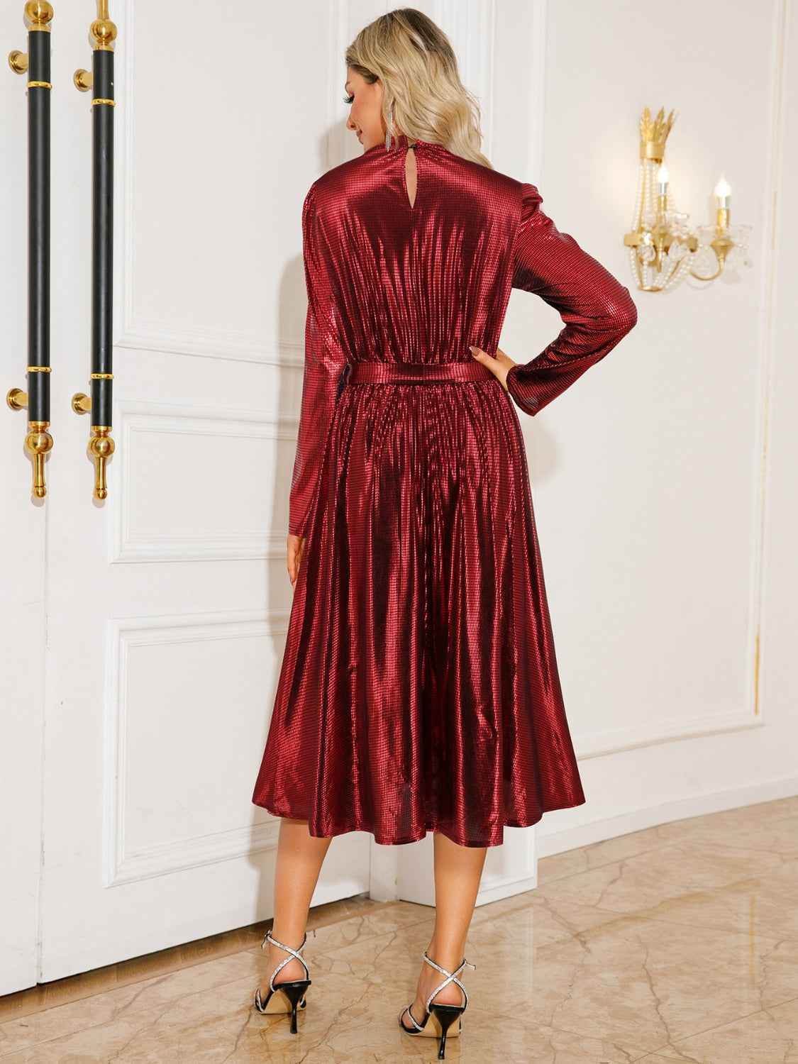Tie Waist Long Sleeve Midi Dress - Amexza