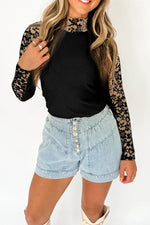 Mock Neck Long Sleeve Lace Patchwork T-Shirt - Amexza