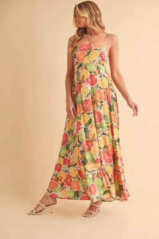 Aemi + Co Fruit Print Square Neck Maxi Cami Dress BLUE CITRUS for a perfect OOTD – dress to impress outfits from Amexza