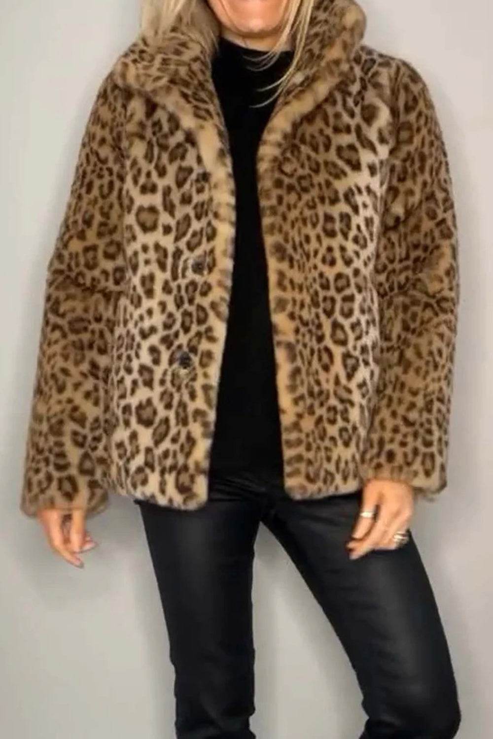 Full Size Leopard Furry Collared Neck Long Sleeve Coat - Amexza