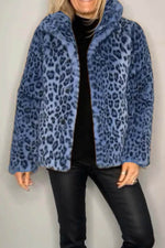 Full Size Leopard Furry Collared Neck Long Sleeve Coat - Amexza
