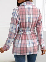 Drawstring Plaid Button Up Jacket with Chest Pockets - Amexza
