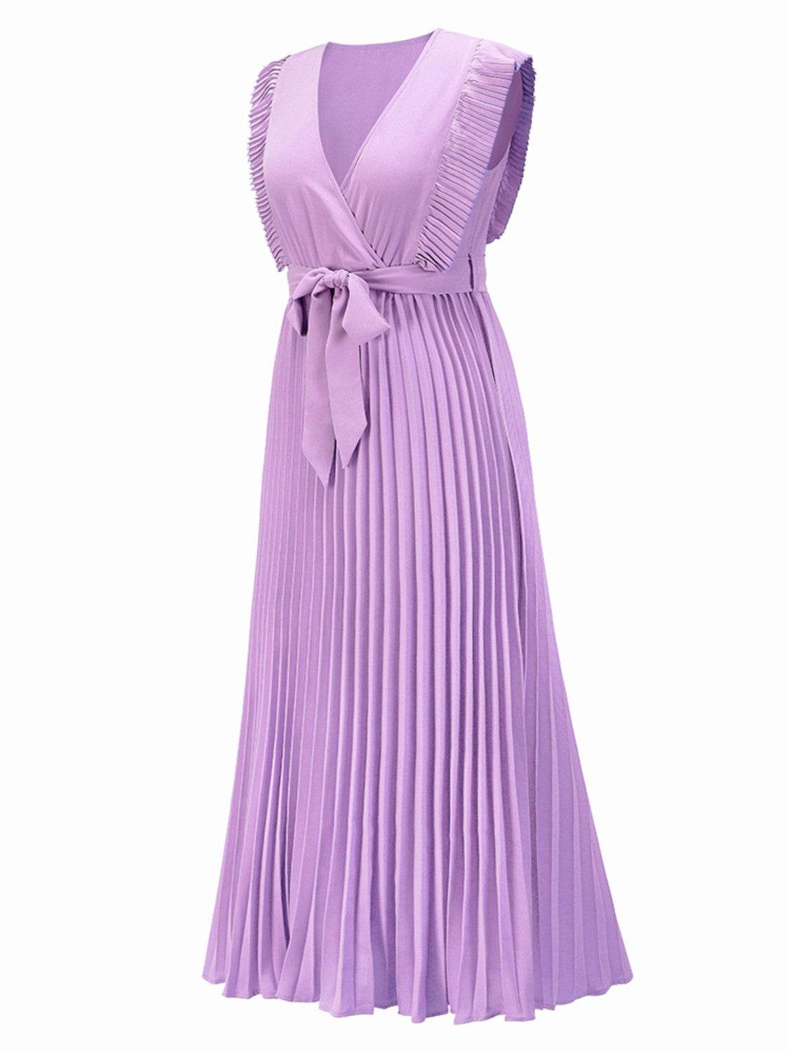 Tied Surplice Cap Sleeve Pleated Dress - Amexza