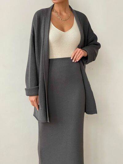 Pocketed Long Sleeve Cardigan and Skirt Sweater Set Dark Gray One Size for a perfect OOTD – dress to impress outfits from Amexza