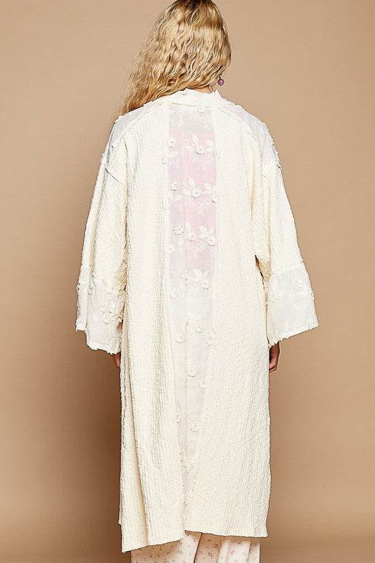 POL Flower Lace Trim Open Front Longline Cardigan - Amexza
