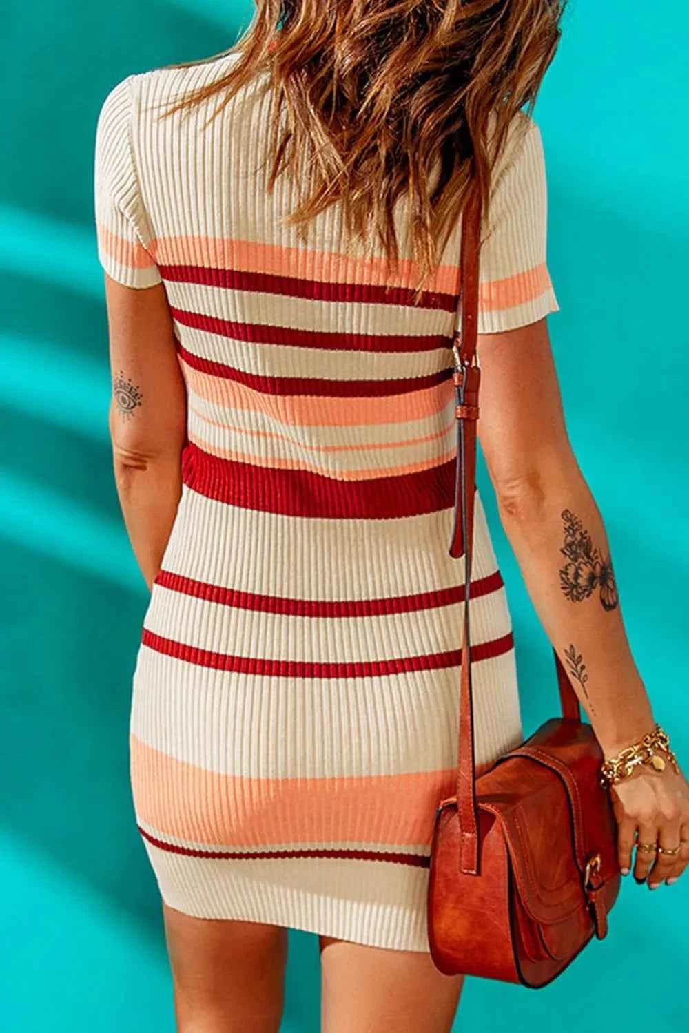 Contrast Striped Johnny Collar Short Sleeve Mini Dress for a perfect OOTD – dress to impress outfits from Amexza