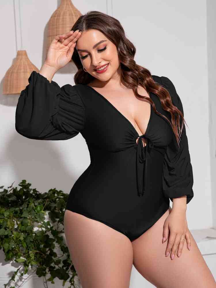 Plus Size Tied Deep V Balloon Sleeve One-Piece Swimsuit for a perfect OOTD – dress to impress outfits from Amexza