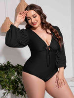 Plus Size Tied Deep V Balloon Sleeve One-Piece Swimsuit for a perfect OOTD – dress to impress outfits from Amexza