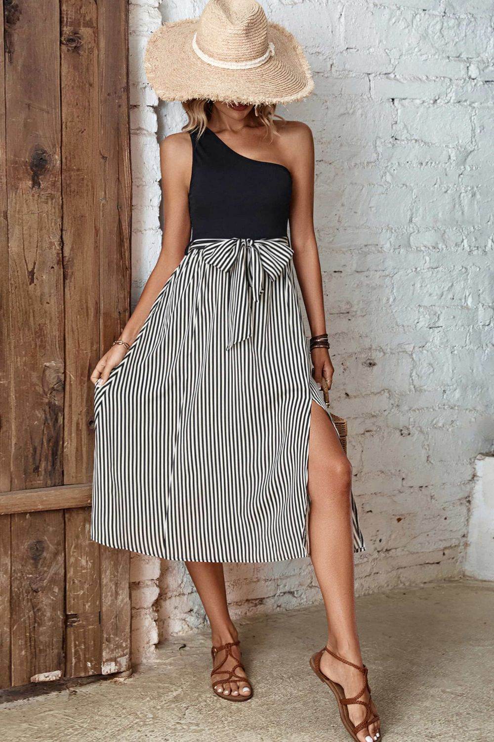 Perfee Striped One-Shoulder Slit Dress - Amexza
