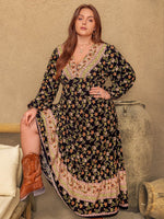 Plus Size Floral V-Neck Balloon Sleeve Dress - Amexza