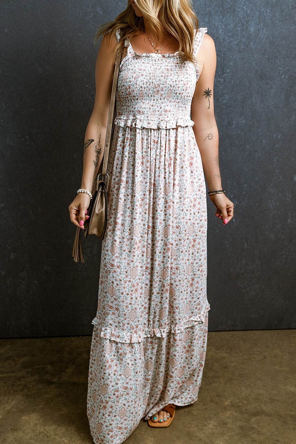 Ruffled Smocked Printed Sleeveless Maxi Dress - Amexza