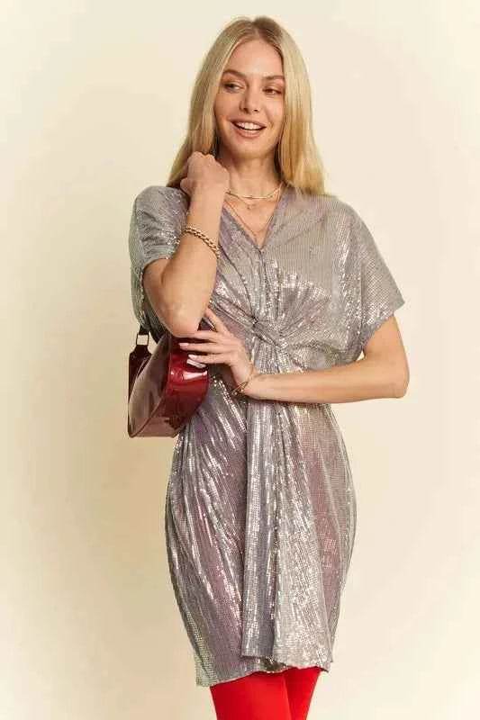 Davi & Dani Sequin Plunge Neck Knot Cut Out Tie Back Party Dress for a perfect OOTD – dress to impress outfits from Amexza