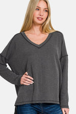 Zenana Texture Exposed Seam V-Neck Long Sleeve T-Shirt - Amexza