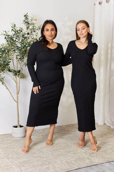 Culture Code Full Size Ribbed Long Sleeve Midi Slit Dress for a perfect OOTD – dress to impress outfits from Amexza