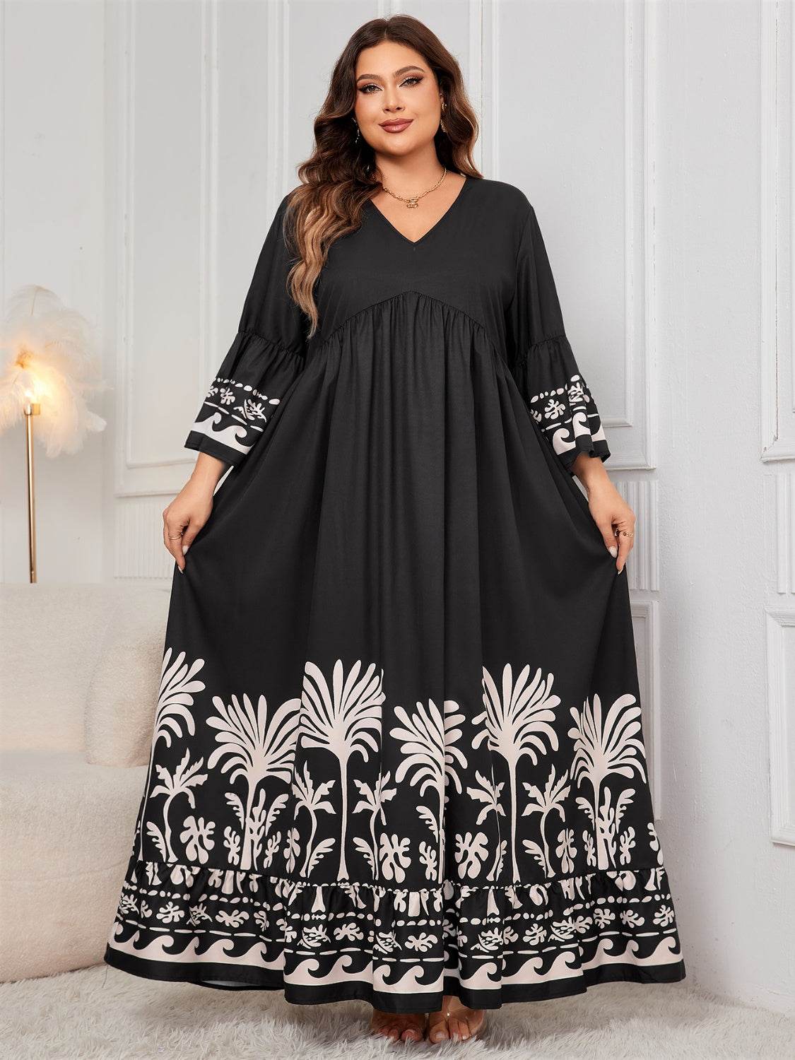 Honey Plus Size Printed V-Neck Long Sleeve Maxi Dress - Amexza