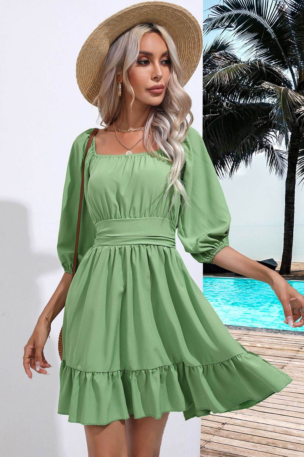 Square Neck Tie Back Ruffle Hem Dress - Amexza