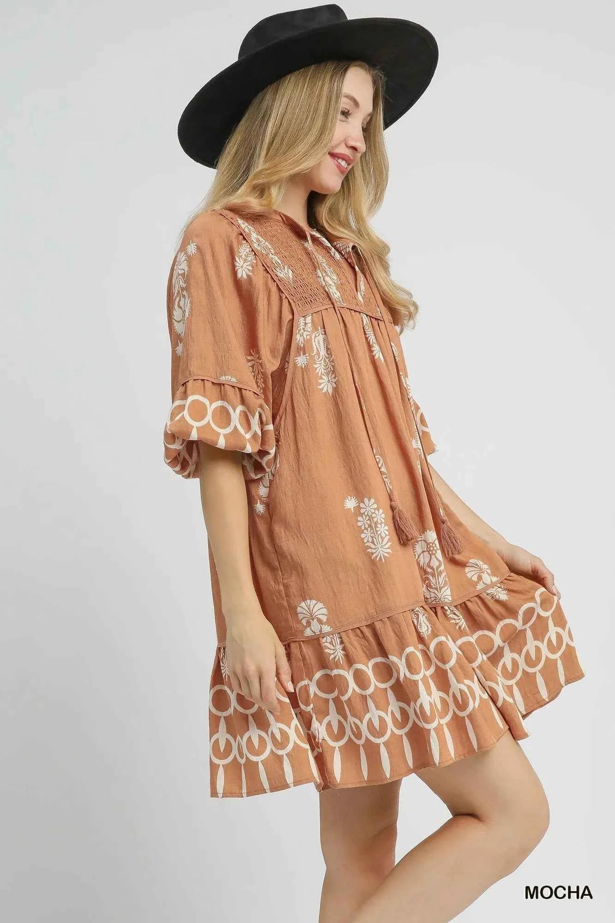 Umgee Boarder Print Tassel Tie Neck Mini Dress