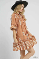 Umgee Boarder Print Tassel Tie Neck Mini Dress