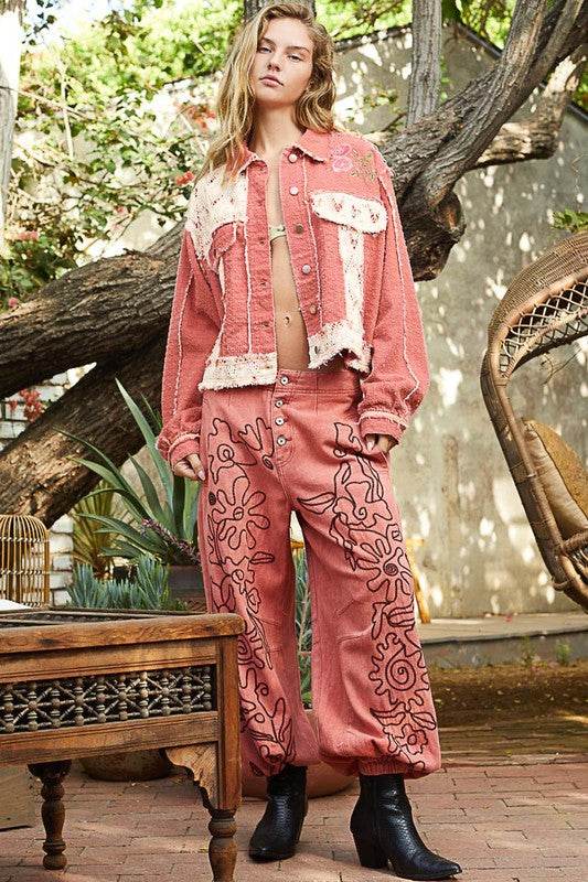 POL Crochet Patch Embroidered Button Up Jacket - Amexza